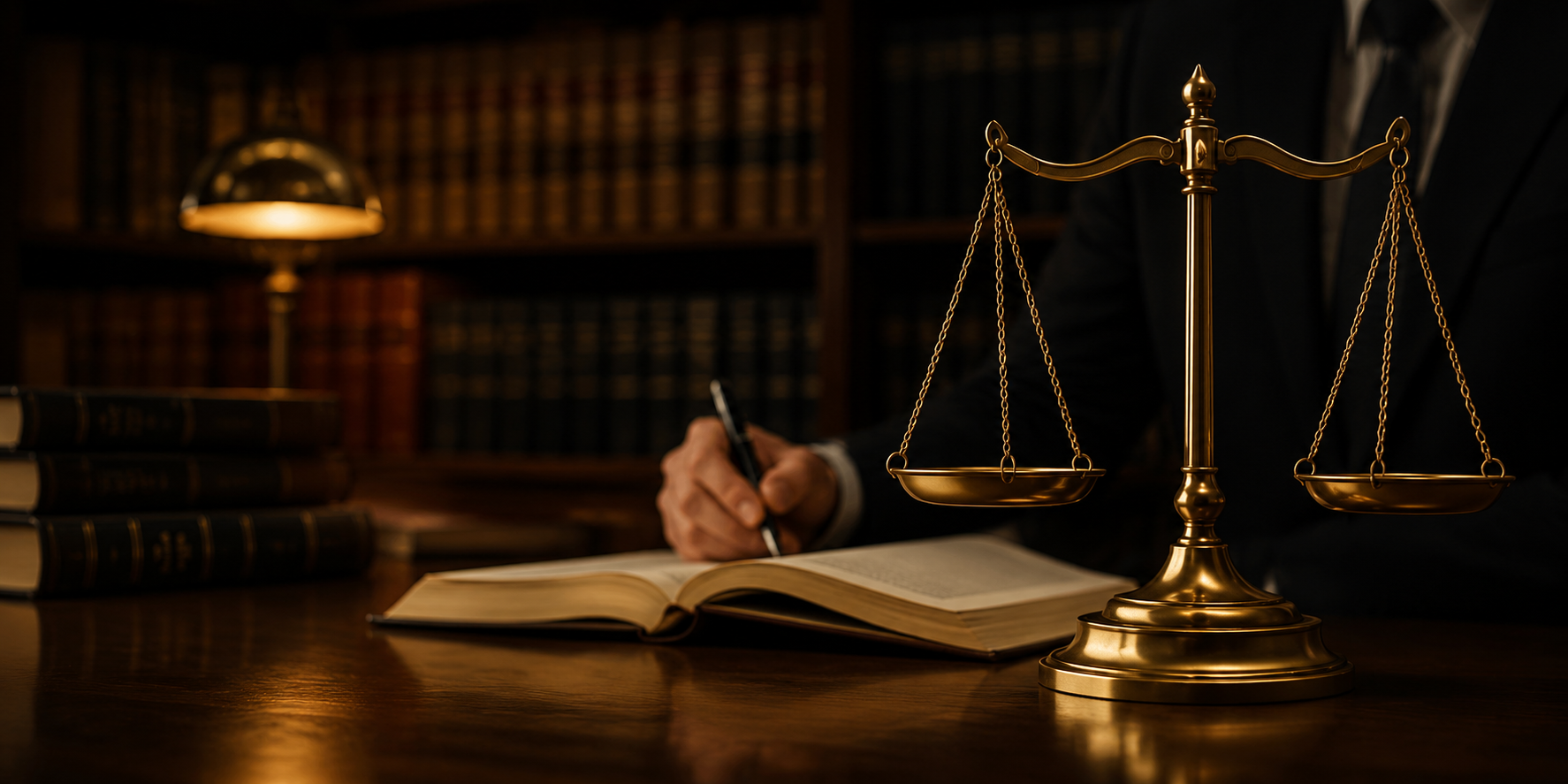 Balança da justiça sobre mesa de advogado